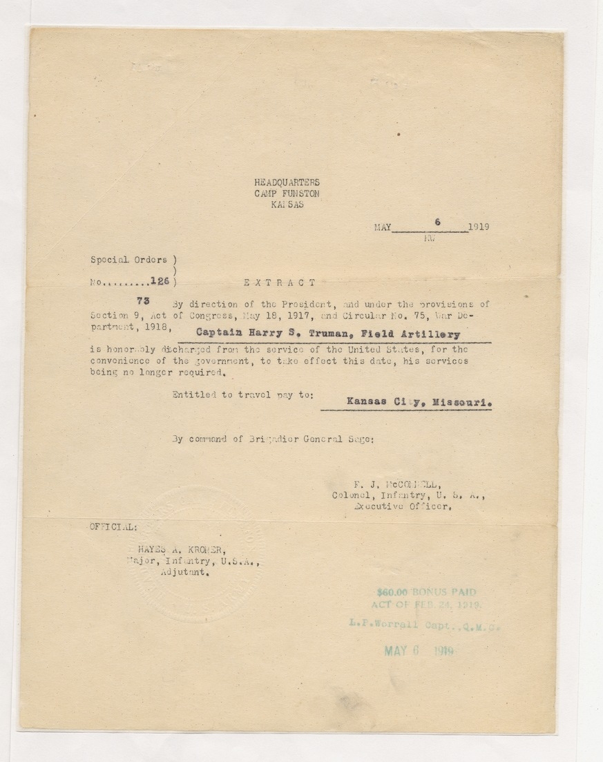 Special Orders Number 126 Extract, Honorable Discharge for Captain Harry S. Truman