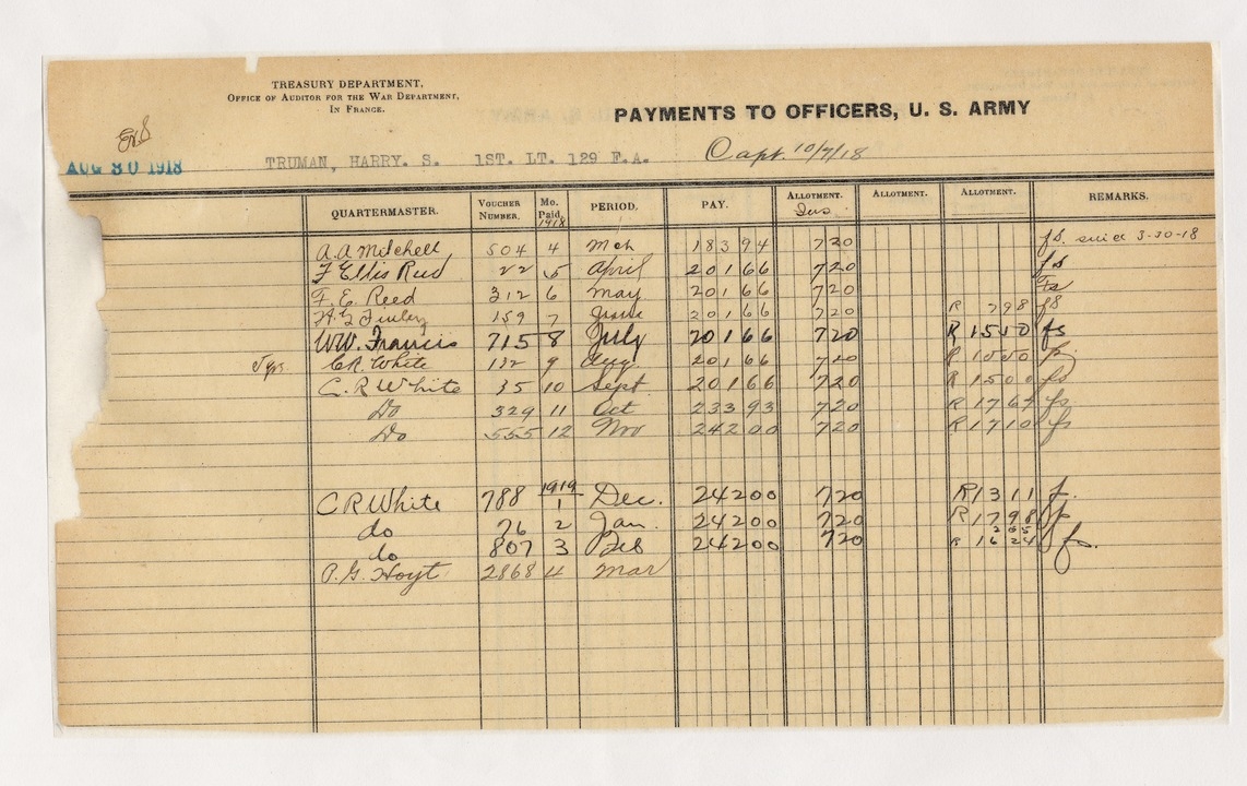 Payments to Officers Record for First Lieutenant Harry S. Truman