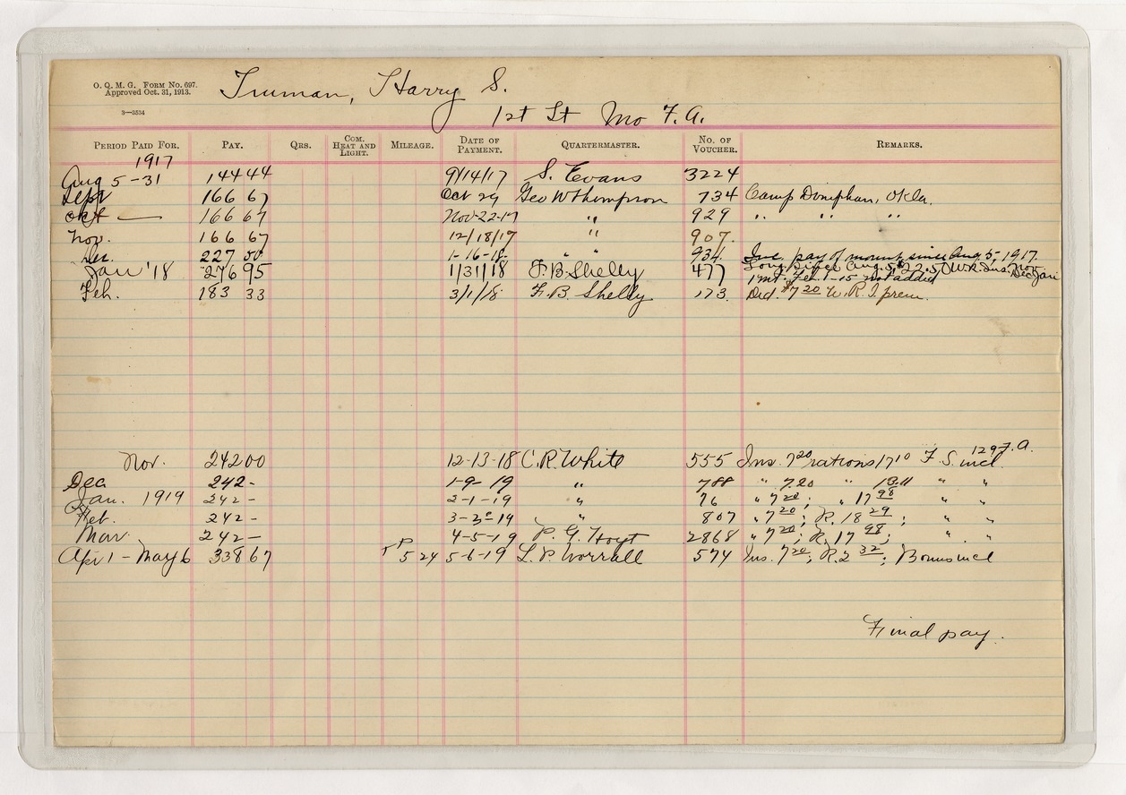 Ledger of Pay Vouchers for First Lieutenant Harry S. Truman