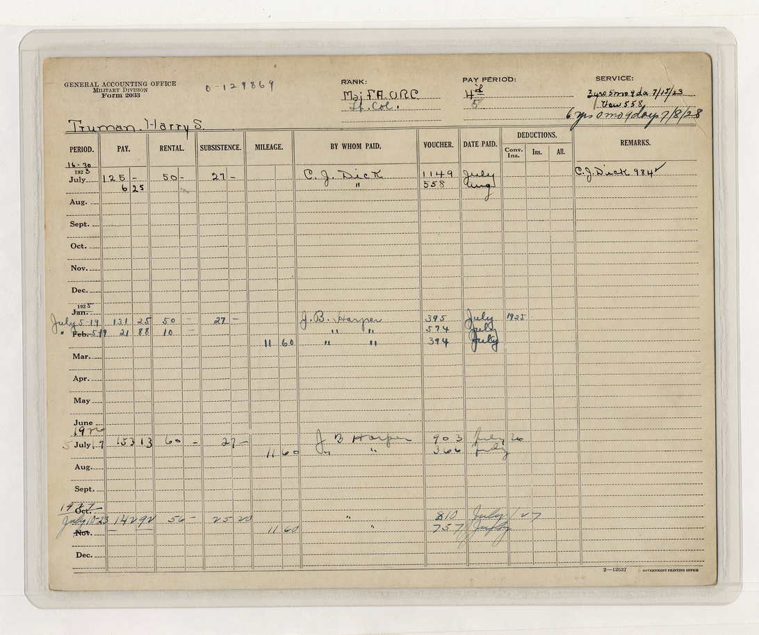 General Accounting Office Ledger of Reserve Officer Pay for Lieutenant Colonel Harry S. Truman