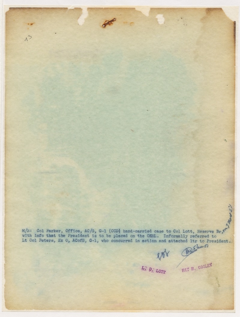 Memorandum for the File from Colonel Parker to Colonel Lott