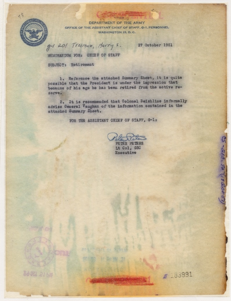 Memorandum from Lieutenant Colonel Peter Peters to Chief of Staff with Attached Memorandum and Retirement Application of President Harry S. Truman