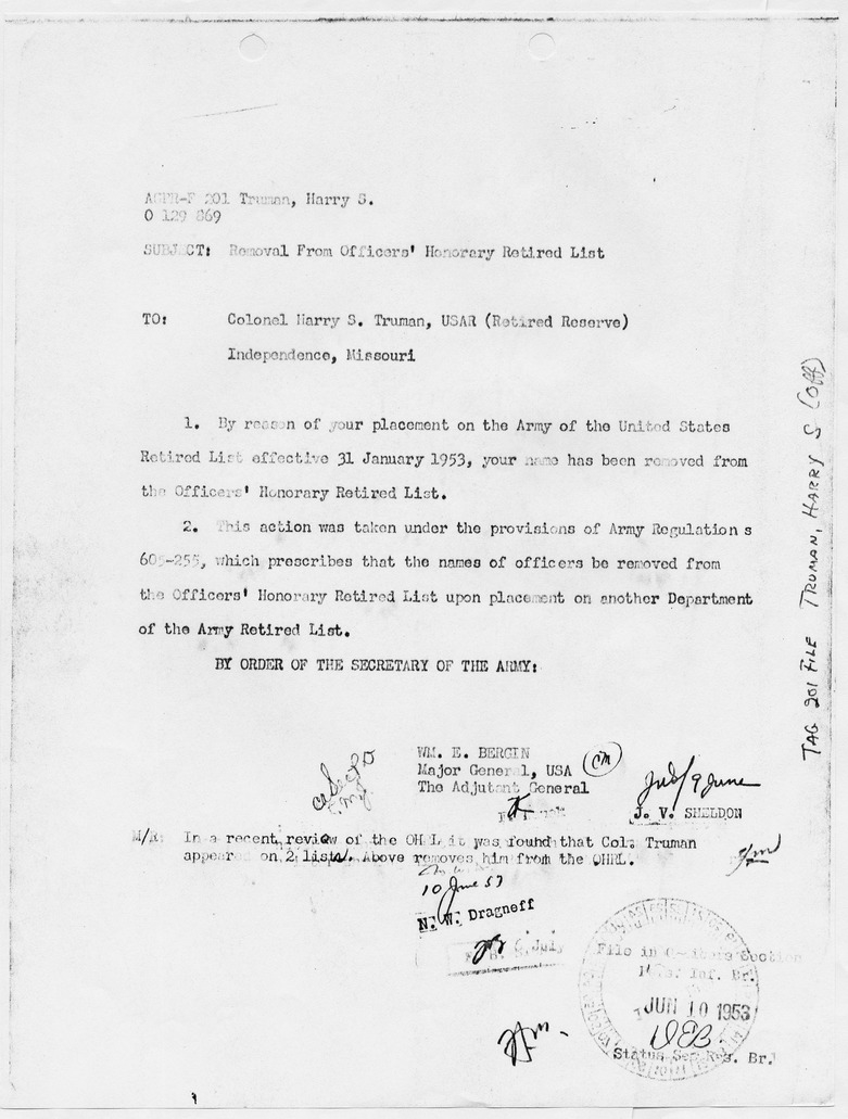 Memorandum from Major General William E. Bergin to Colonel Harry S. Truman