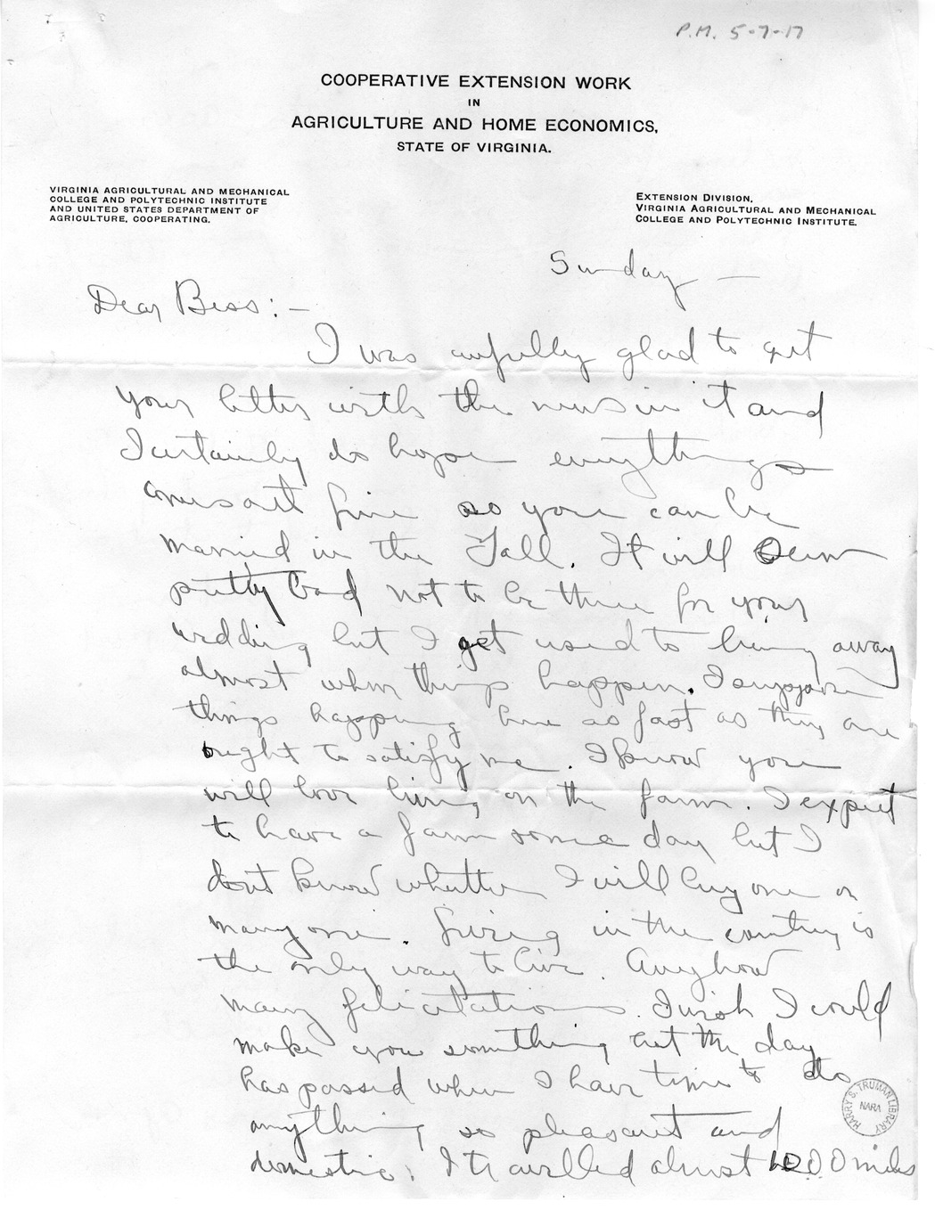 Letter from Mary Paxton to Bess Wallace