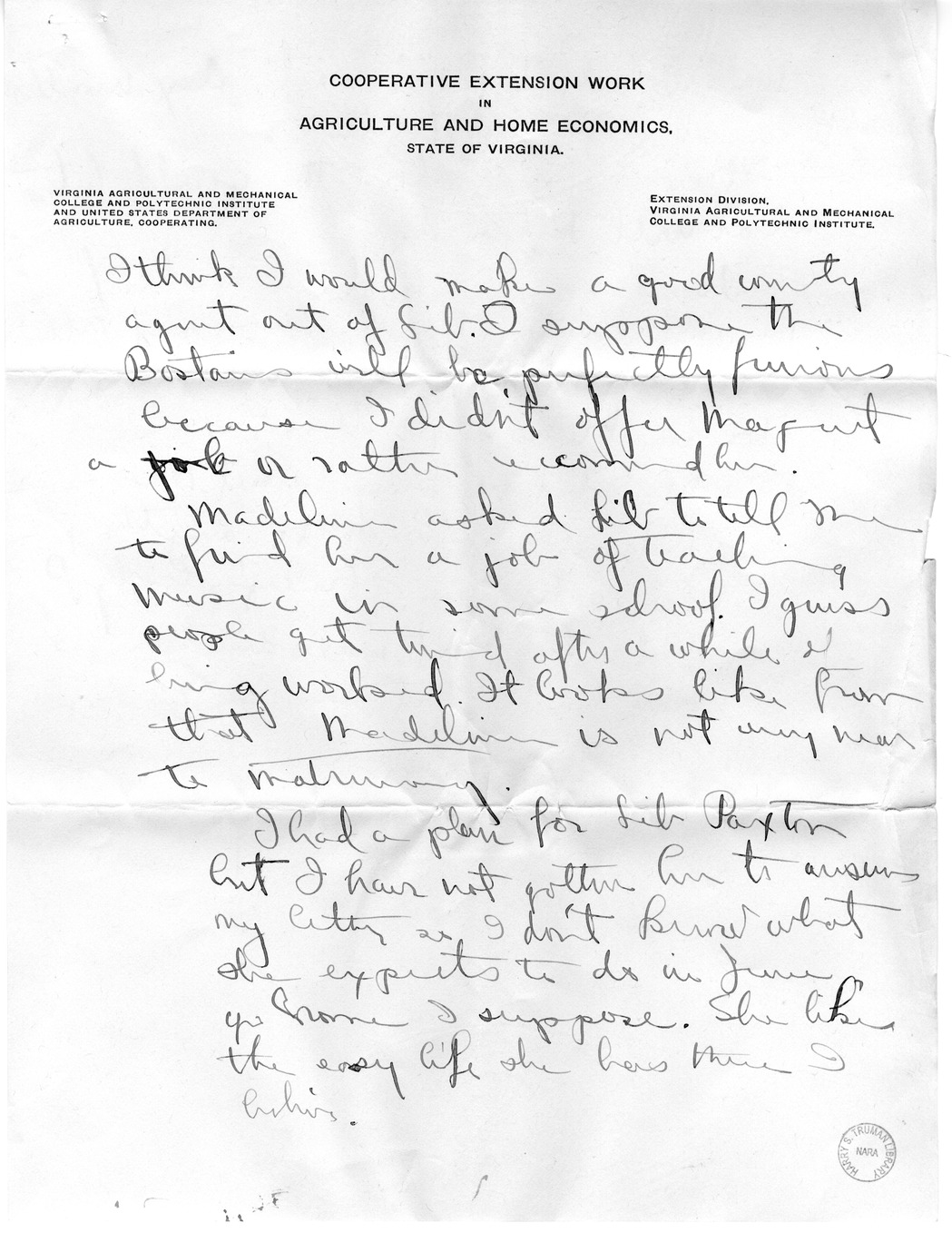 Letter from Mary Paxton to Bess Wallace