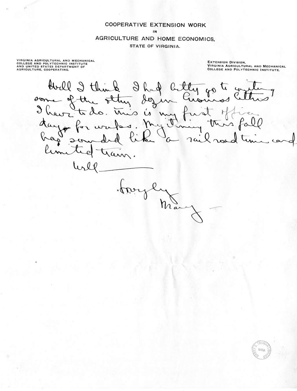 Letter from Mary Paxton to Bess Wallace