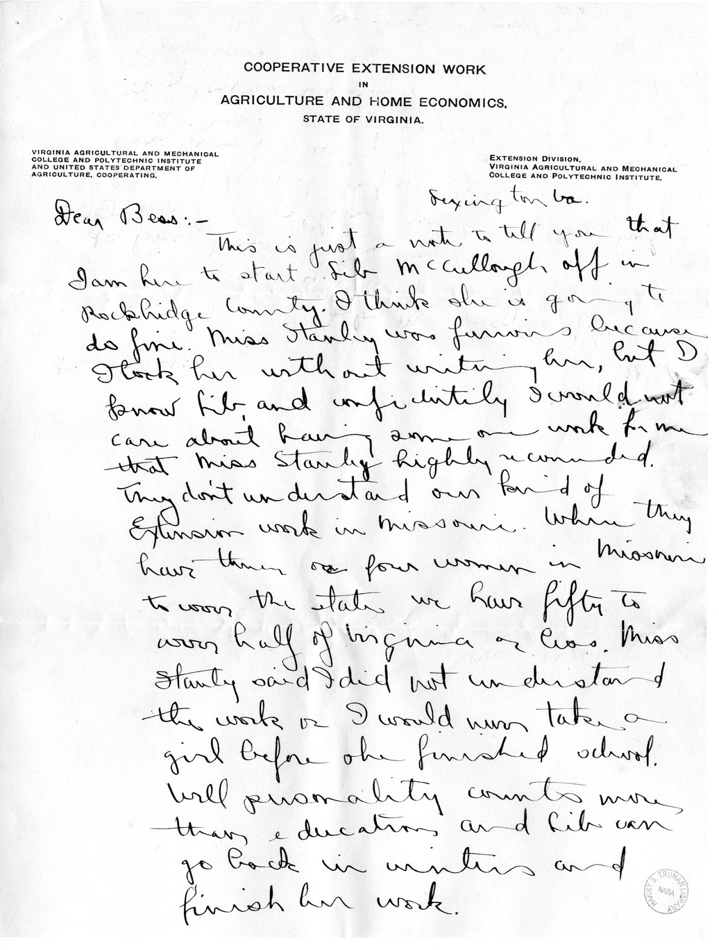 Letter from Mary Paxton to Bess Wallace
