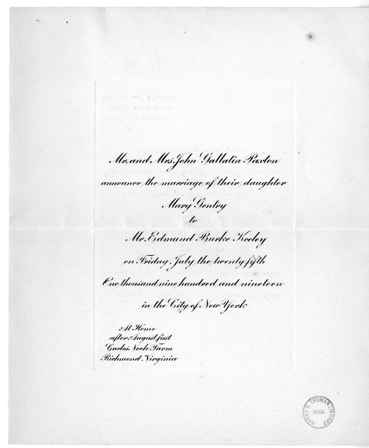 Wedding Announcement for Mary G. Paxton and Edmund B. Keeley