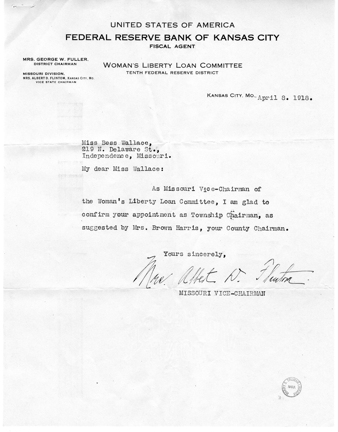 Letter from Mrs. Albert D. Flintom to Bess Wallace