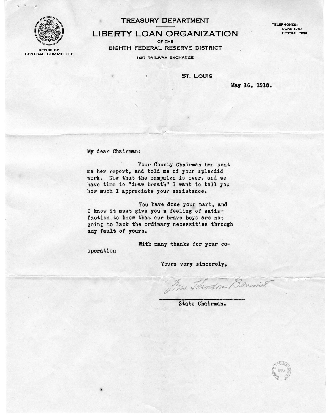 Letter from Mrs. Theodore Benoist to Bess Wallace