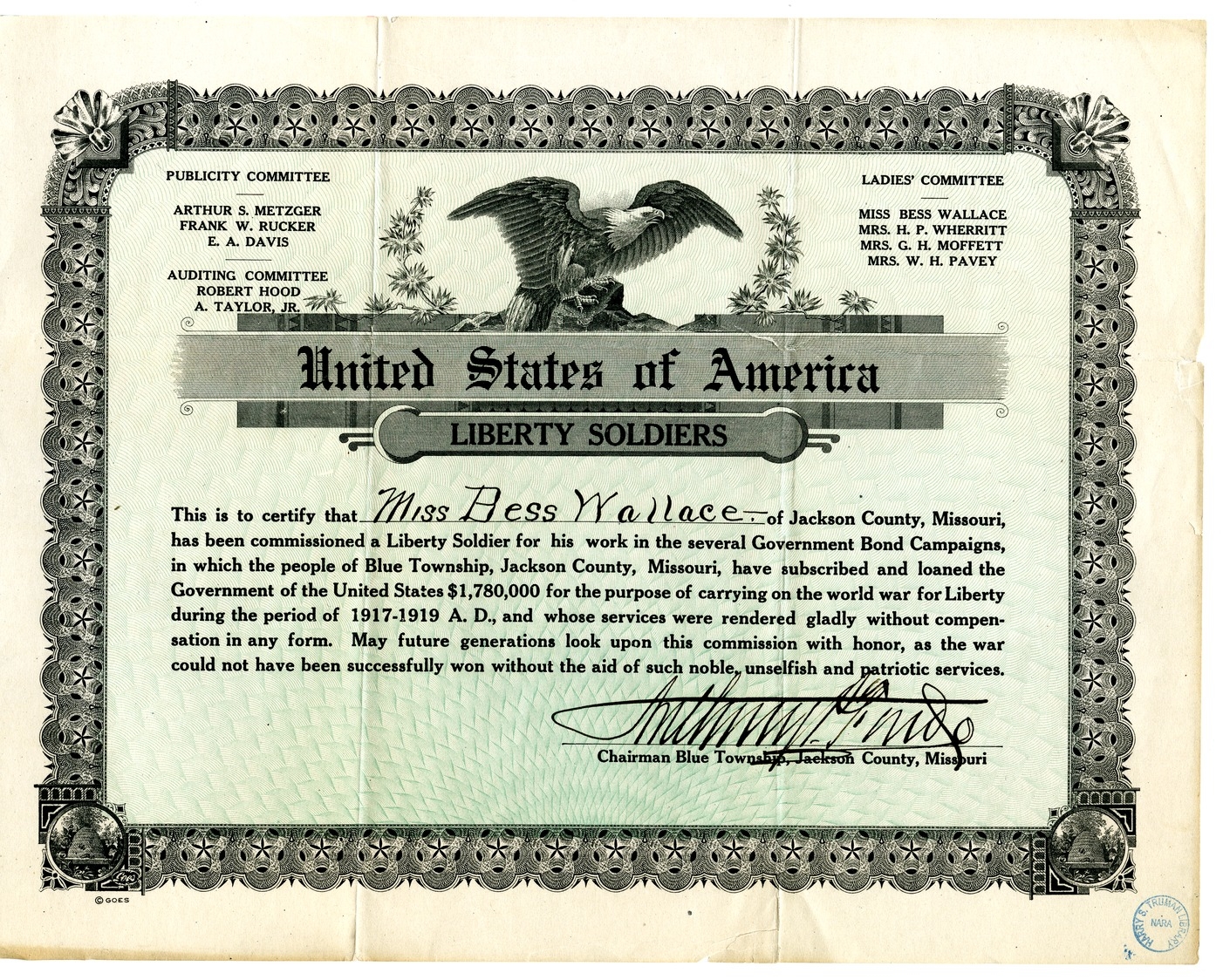 Liberty Soldiers Participation Certificate for Bess Wallace
