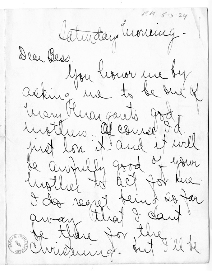 Letter from Arry M. Calhoun to Bess W. Truman
