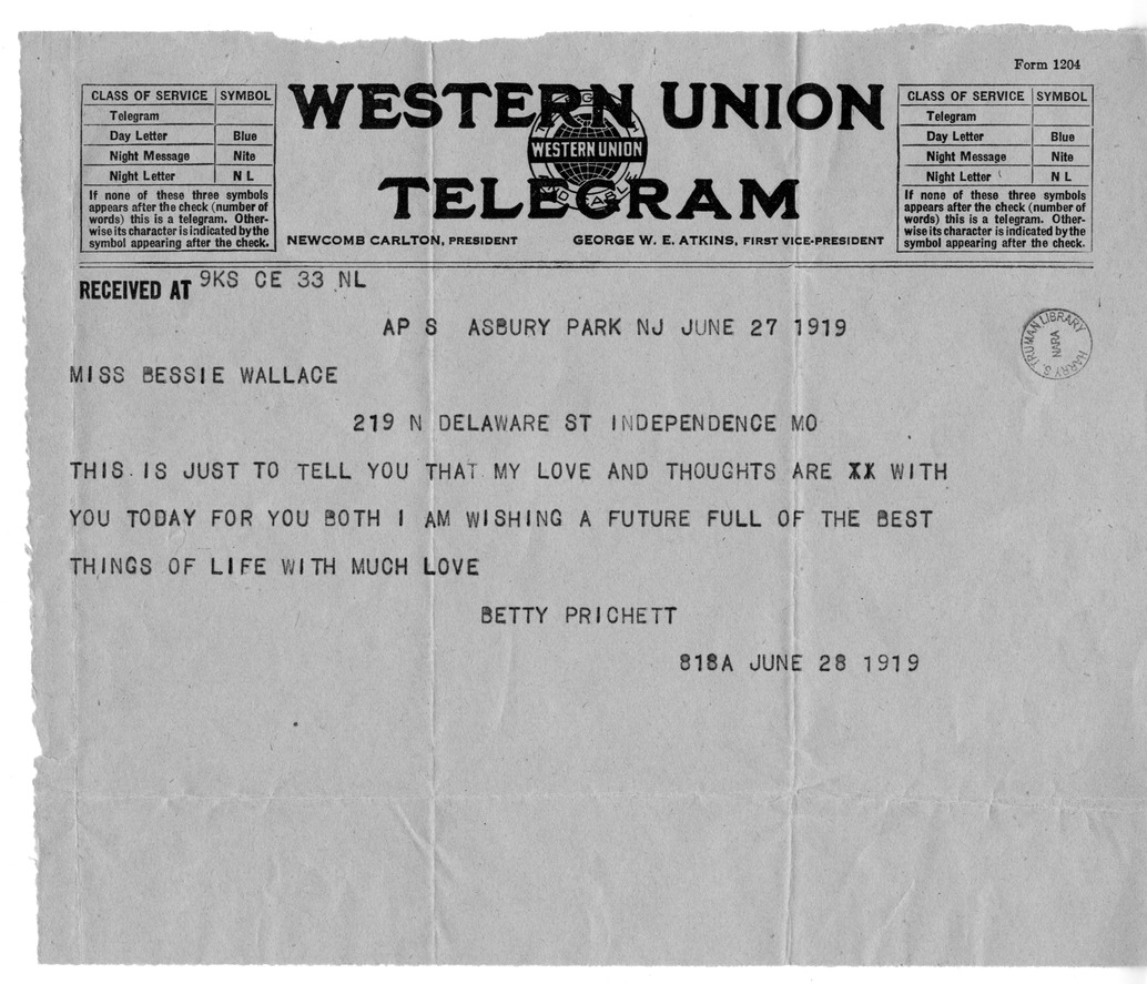 Telegram from Betty Prichett to Bess Wallace
