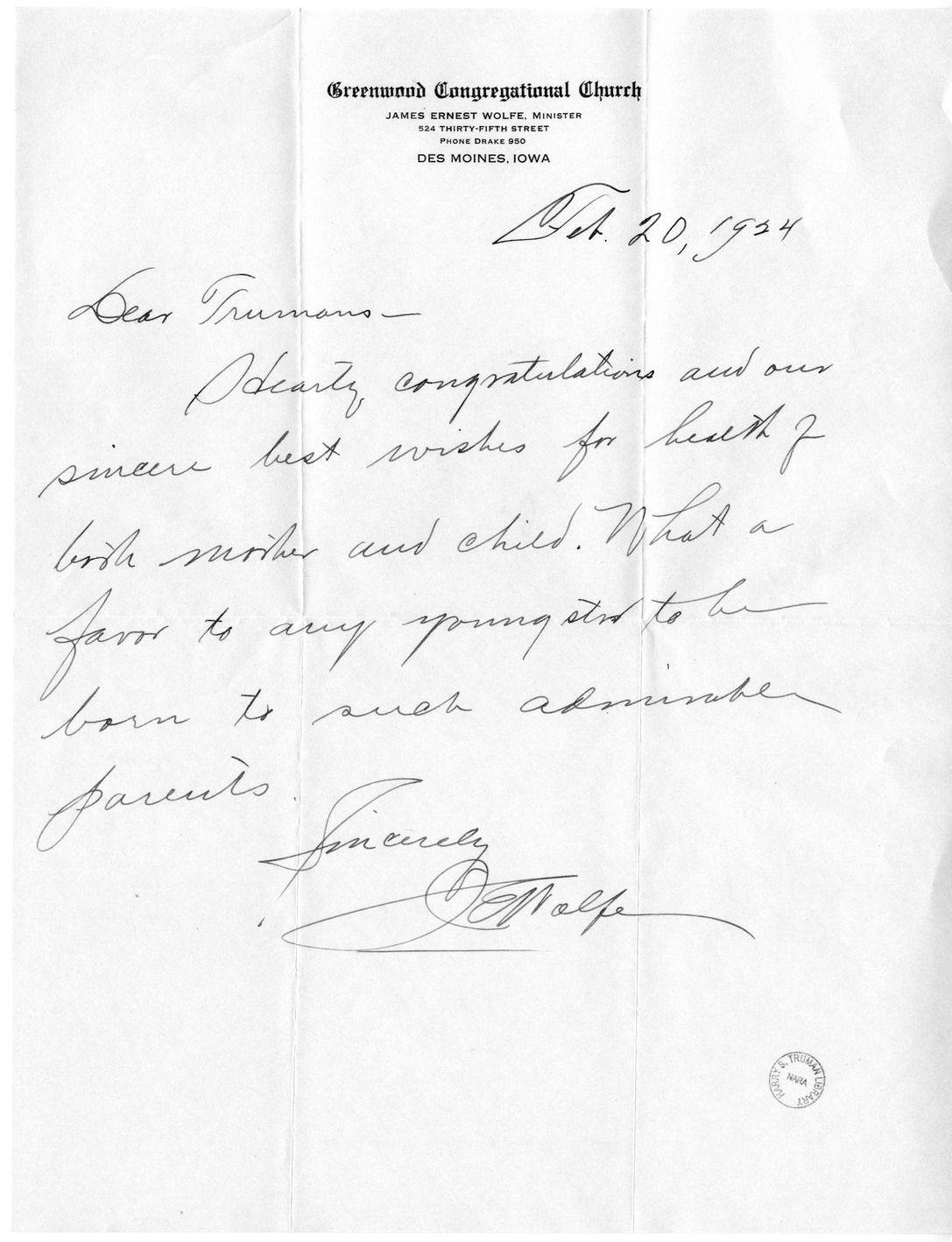 Letter from James Wolfe to Bess W. Truman