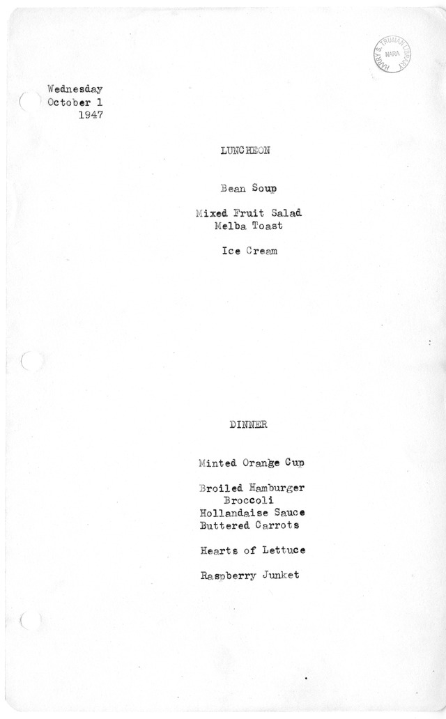 White House Luncheon and Dinner Menu