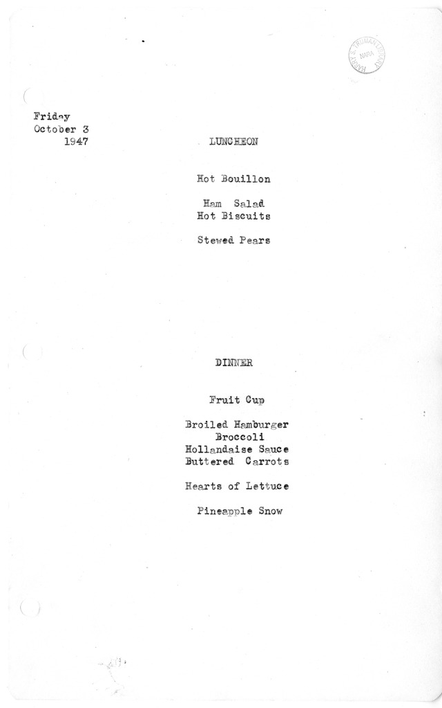 White House Luncheon and Dinner Menu