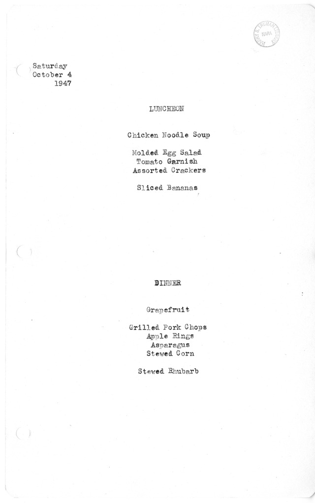 White House Luncheon and Dinner Menu