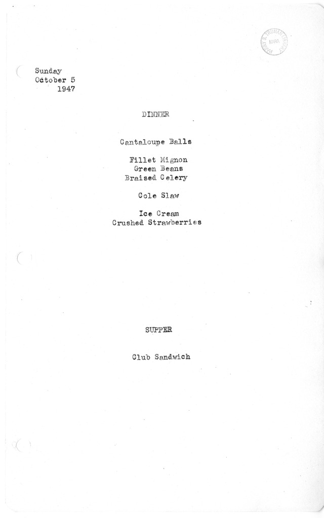 White House Dinner and Supper Menu