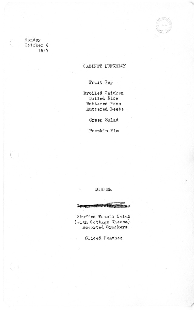 White House Luncheon and Dinner Menu