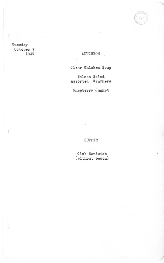 White House Luncheon and Dinner Menu