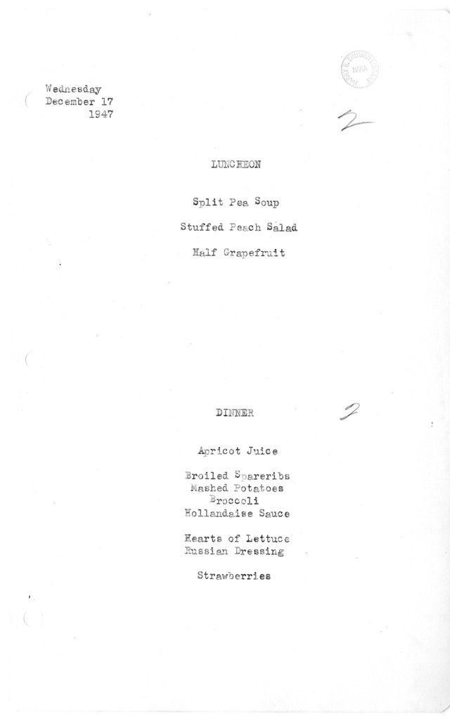 White House Luncheon and Dinner Menu
