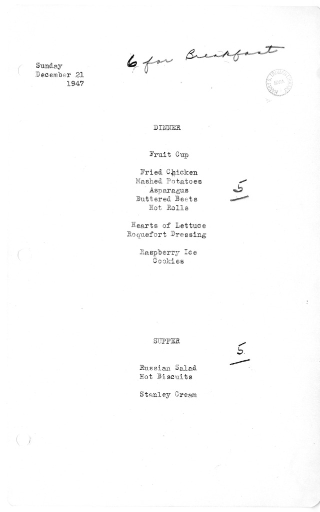 White House Dinner and Supper Menu