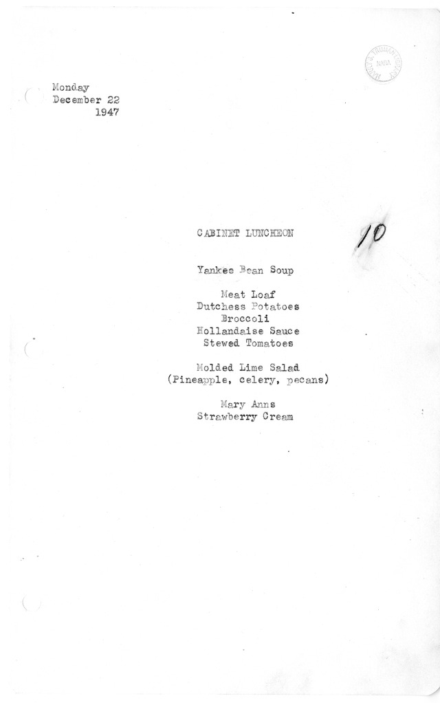 White House Menu for Luncheon with Cabinet Members