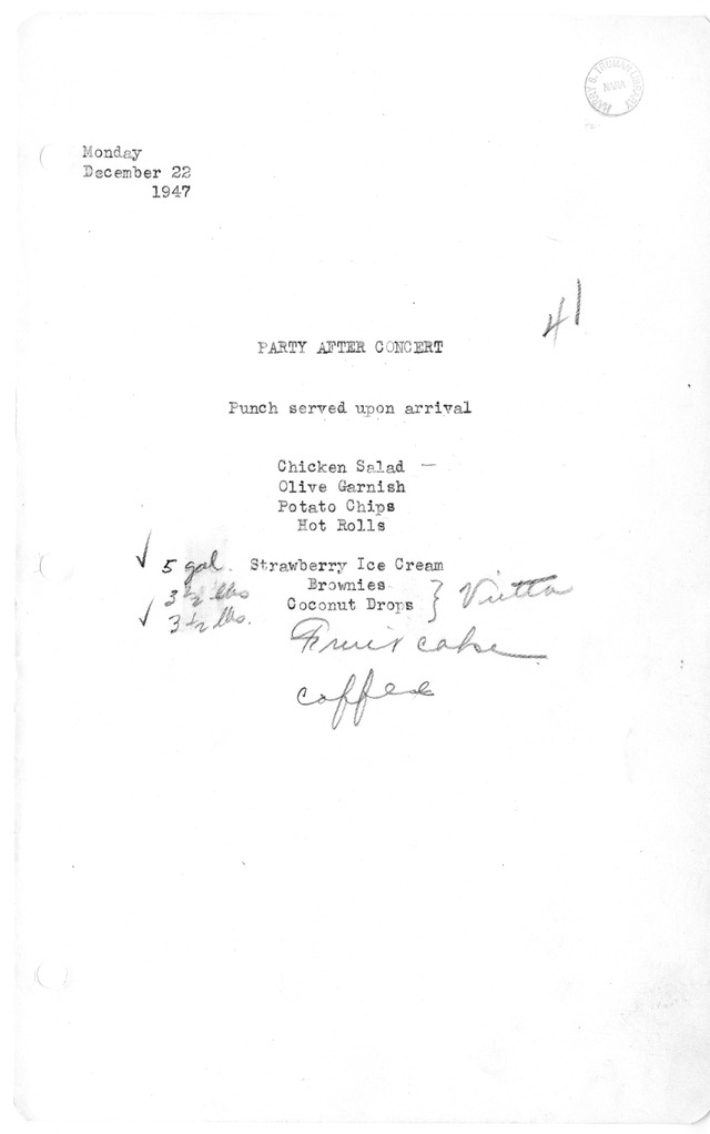 Menu for Party After Singing Concert by Margaret Truman