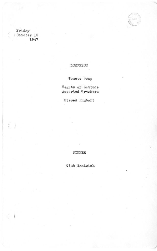 White House Luncheon and Dinner Menu