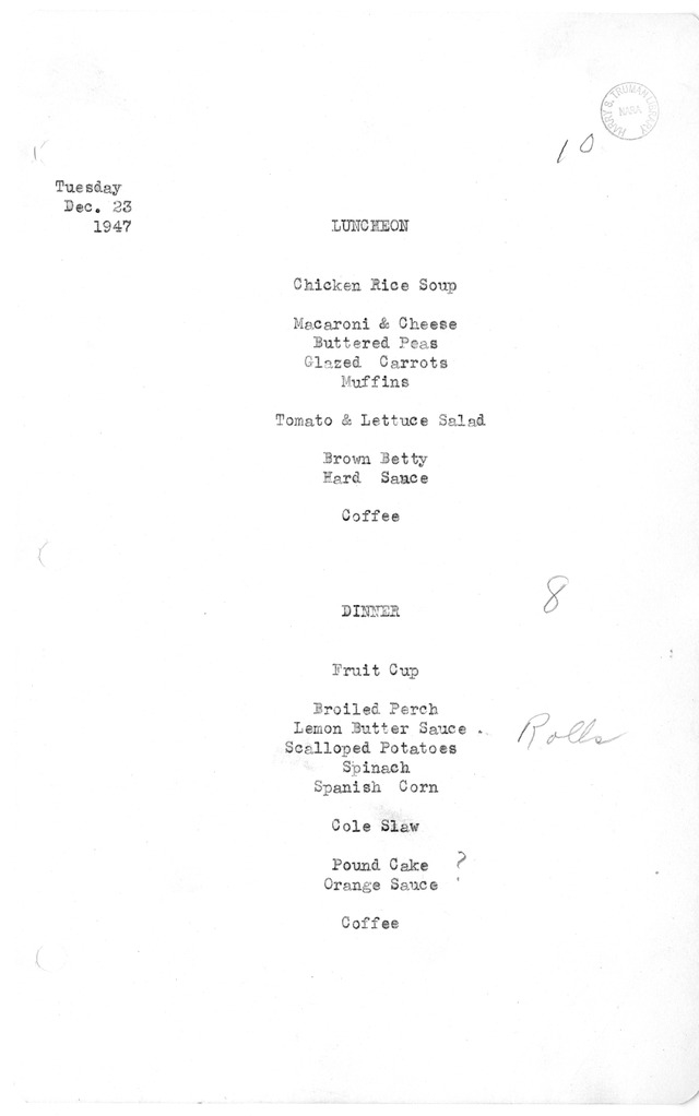 White House Luncheon and Dinner Menu