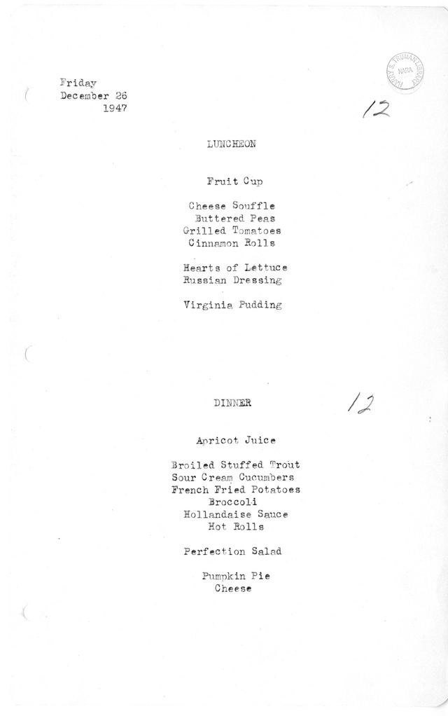 White House Luncheon and Dinner Menu