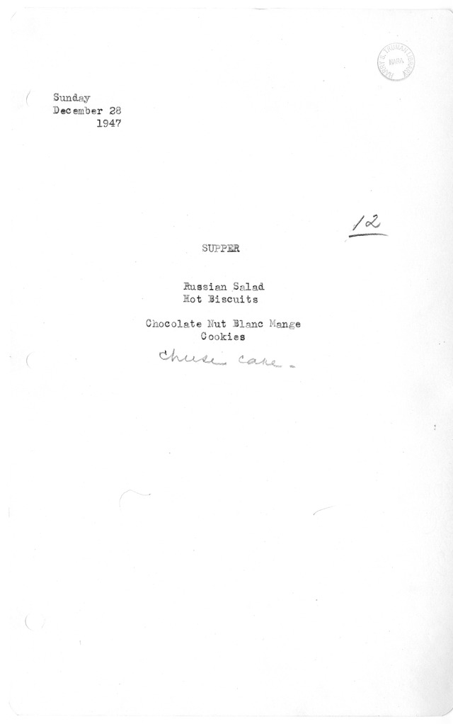White House Supper Menu