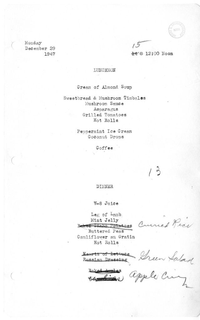 White House Luncheon and Dinner Menu