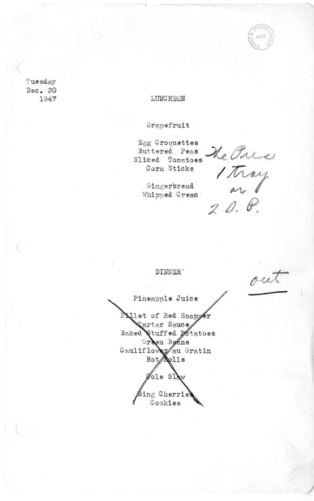 White House Luncheon and Dinner Menu