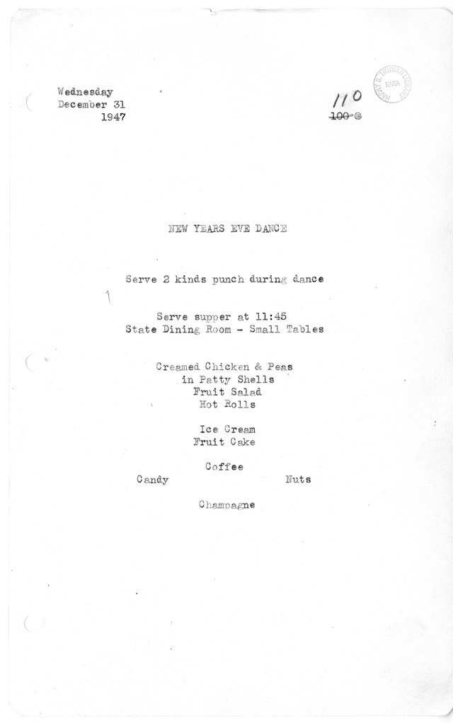 Menu for New Year's Eve Dance