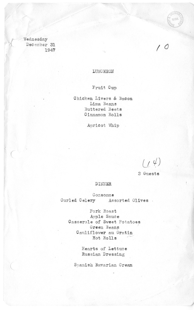 White House Luncheon and Dinner Menu