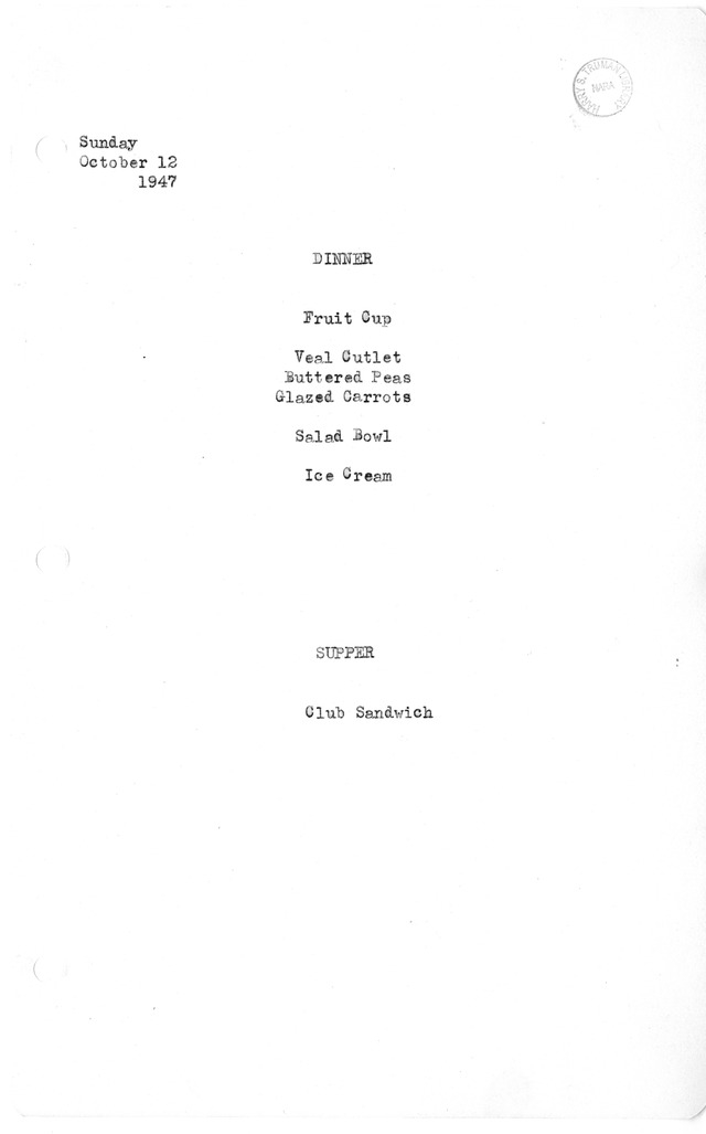 White House Dinner and Supper Menu