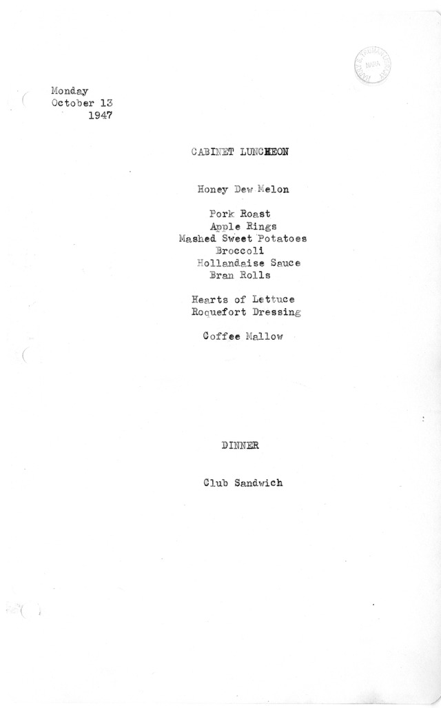White House Luncheon and Dinner Menu