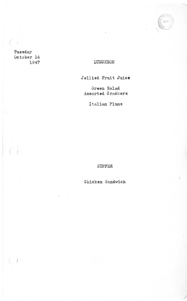 White House Luncheon and Dinner Menu