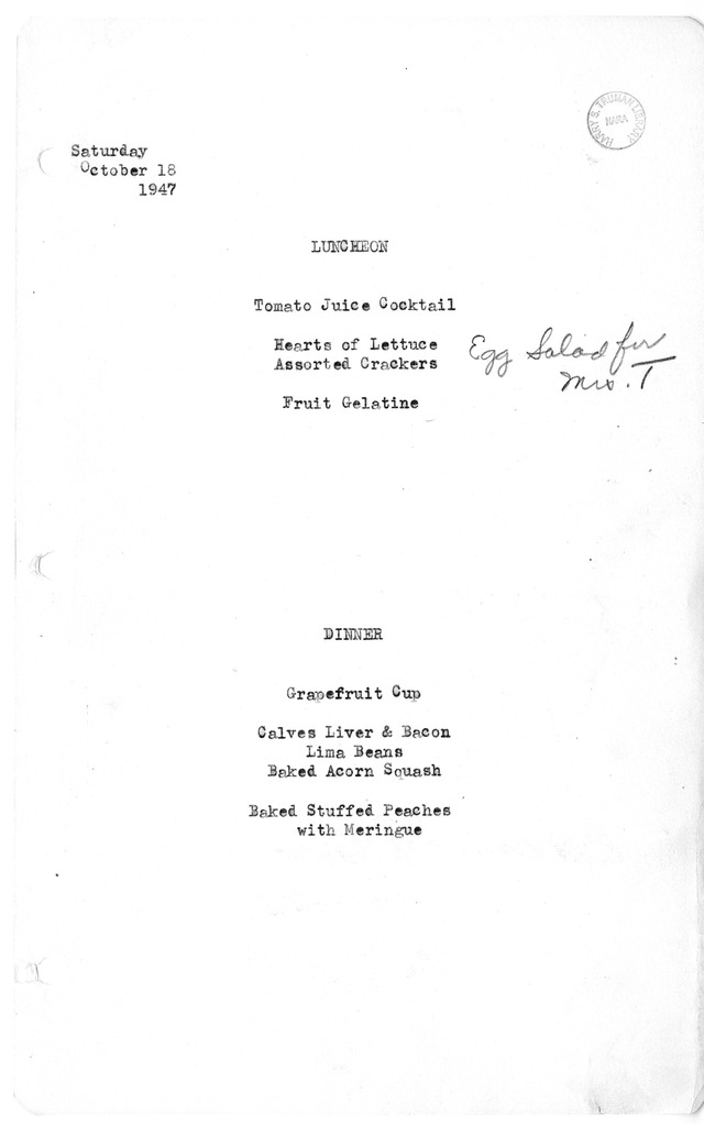 White House Luncheon and Dinner Menu