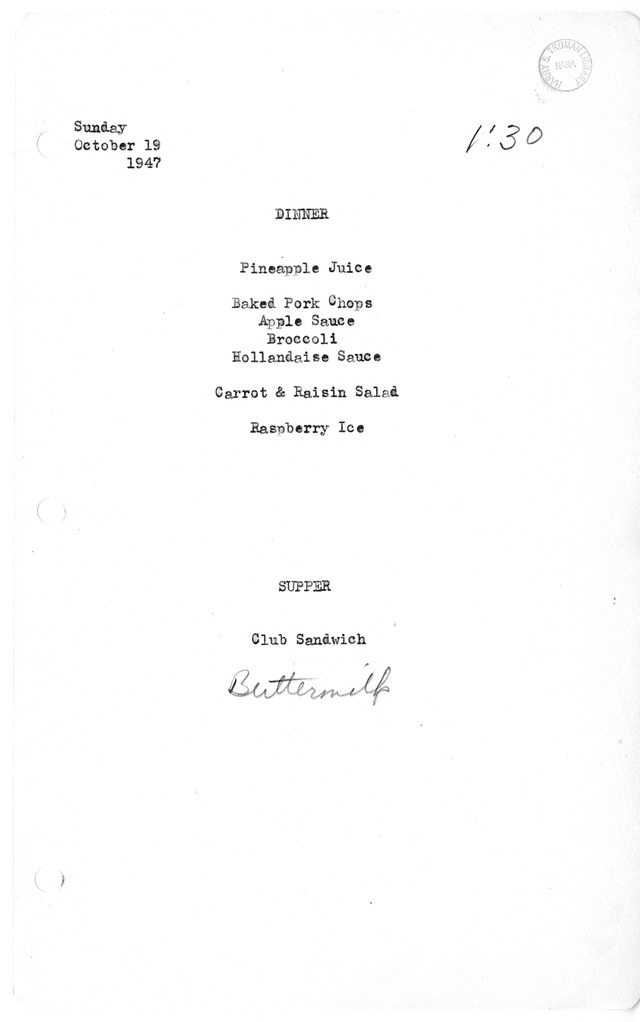 White House Dinner and Supper Menu