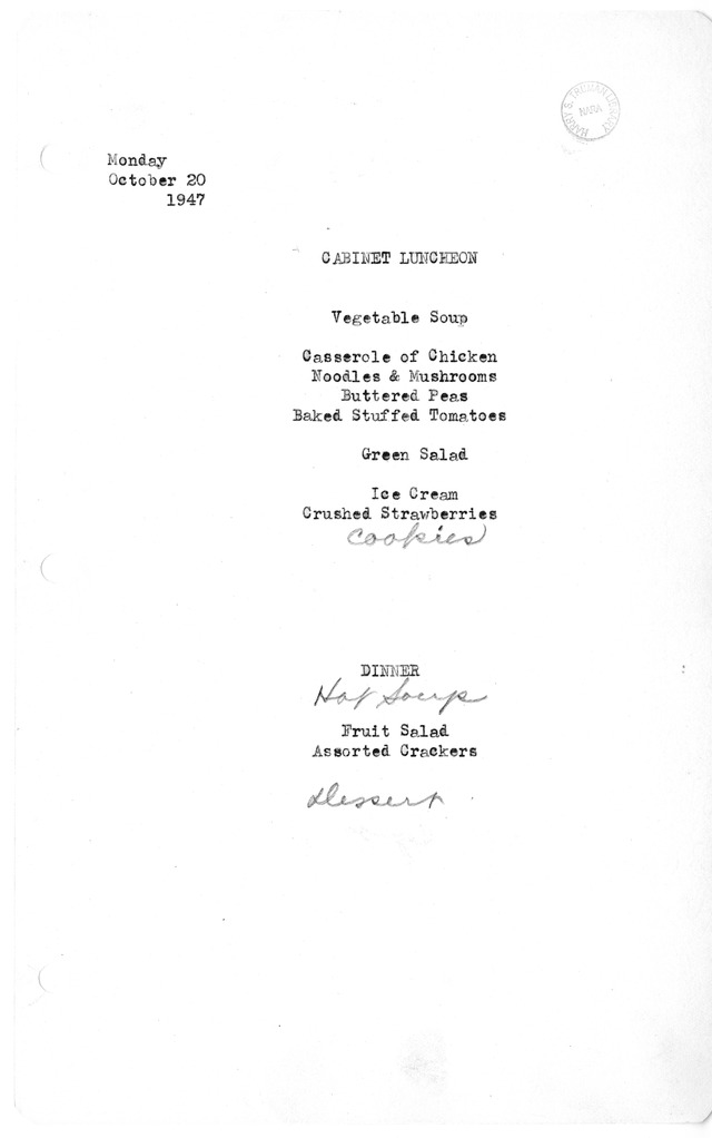 White House Luncheon and Dinner Menu