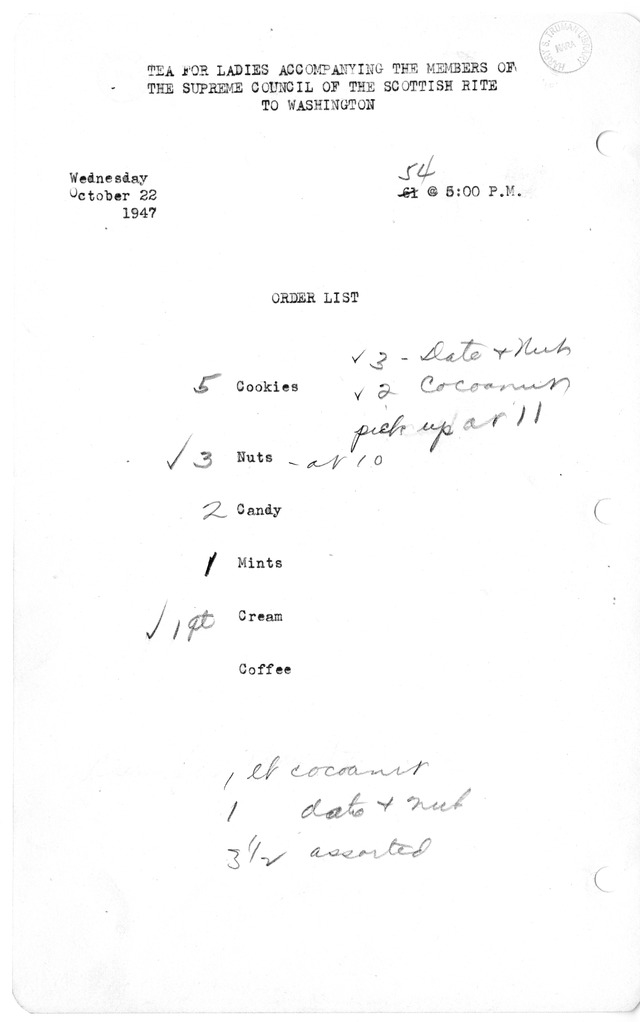 Shopping List for Tea for Ladies Accompanying the Members of the Supreme Council of the Scottish Rite to Washington, D.C.