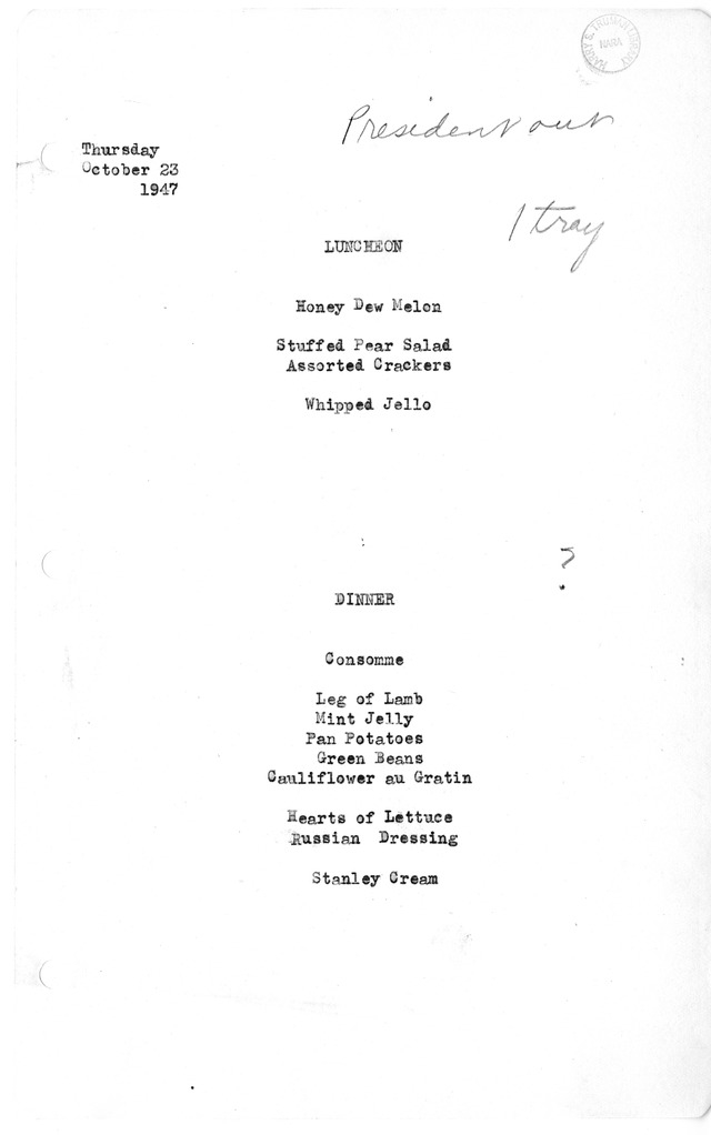 White House Luncheon and Dinner Menu