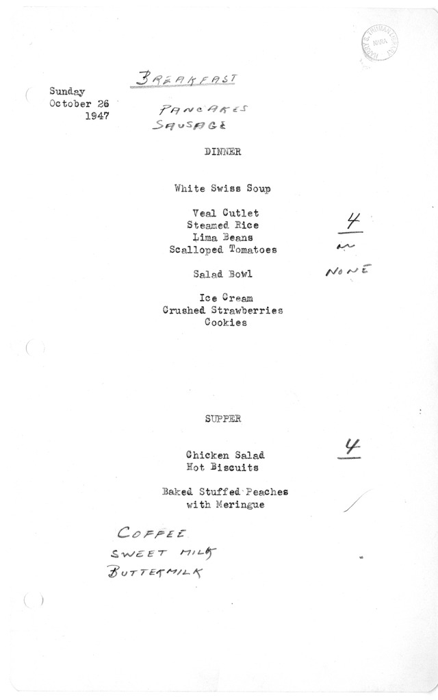 White House Breakfast, Dinner, and Supper Menu