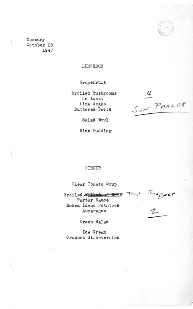 White House Luncheon and Dinner Menu