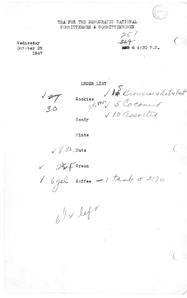 Shopping List for Tea for the Democratic National Committeemen & Committeewomen