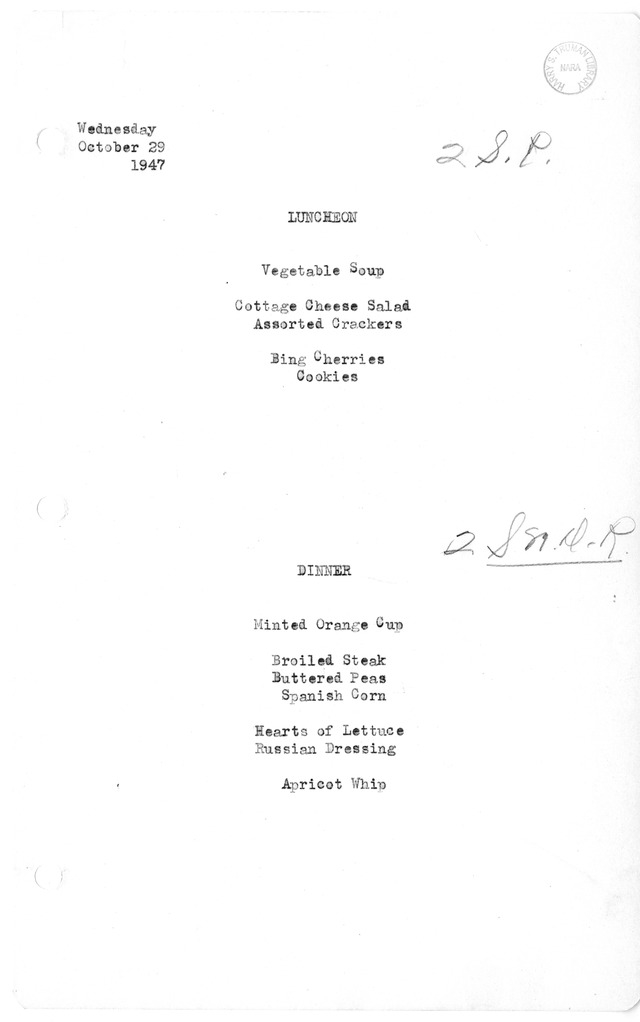 White House Luncheon and Dinner Menu