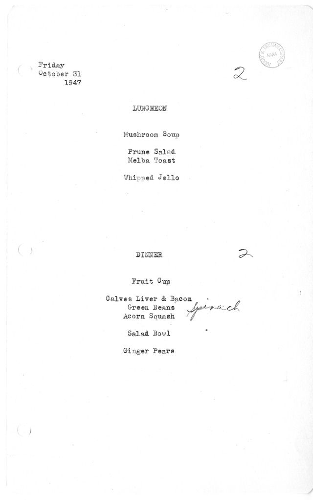 White House Luncheon and Dinner Menu