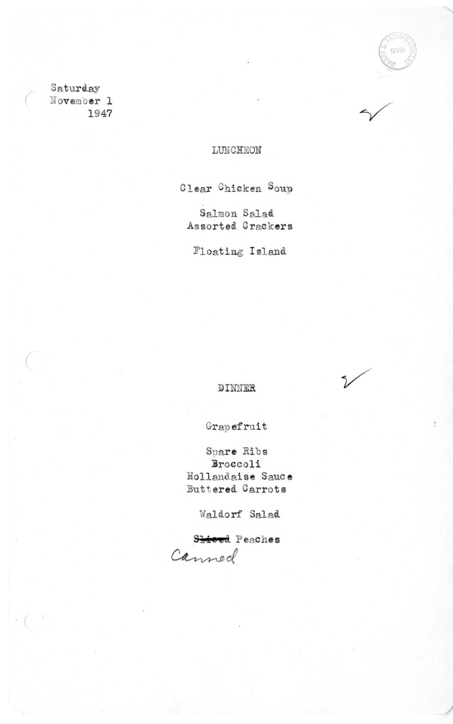 White House Luncheon and Dinner Menu